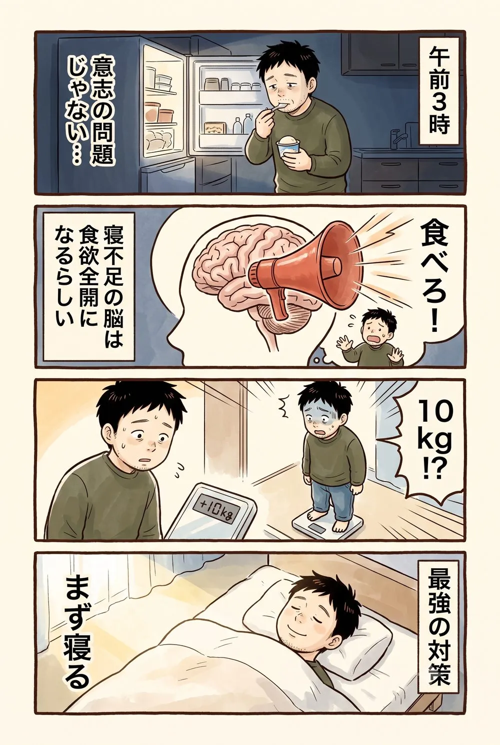4コマ漫画。午前3時に冷凍庫の前でアイスを食べる父。寝不足の脳が食欲を全開にし、体重は10kg増。対策はまず寝ること。