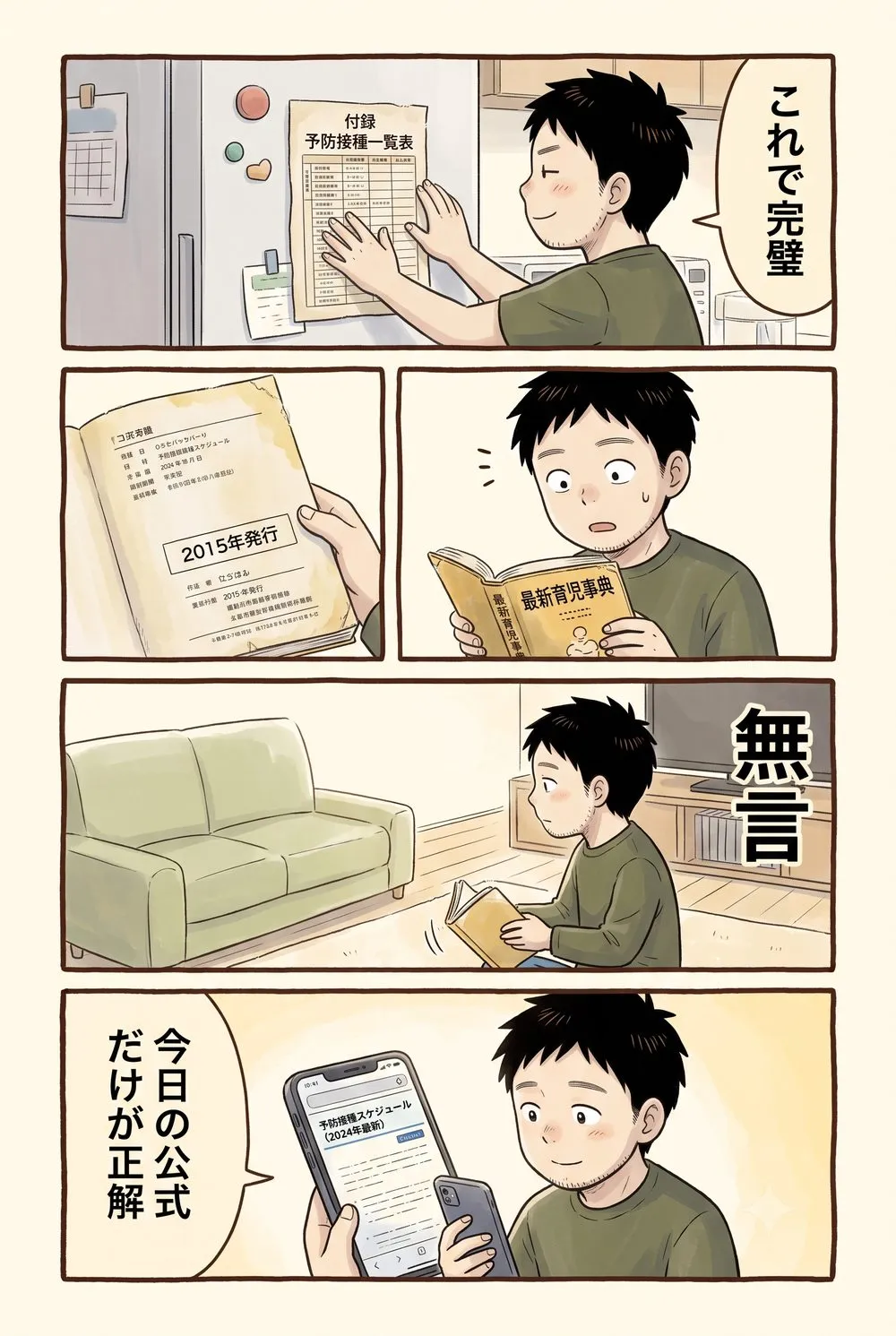 4コマ漫画。古い育児本の予防接種一覧表を冷蔵庫に貼ろうとした父が、発行年を見て無言で本を閉じ、公式サイトを見る。