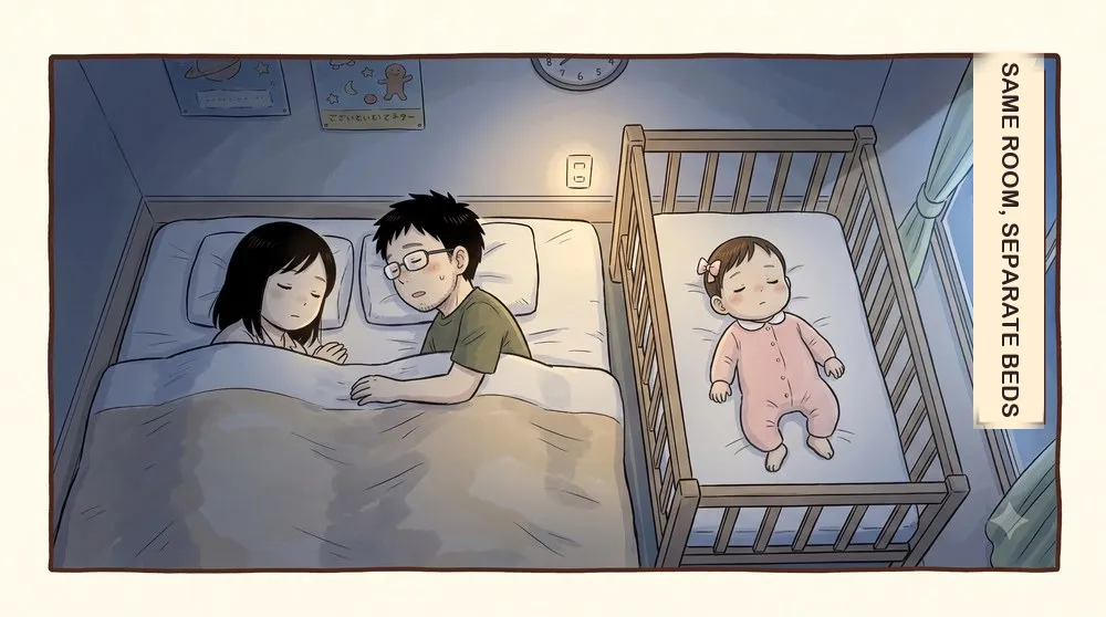 1-panel comic. A cot beside the parents’ futon. Inside it, nothing but a firm mattress and a baby sleeping on its back. The side label reads “Same room, separate beds”.