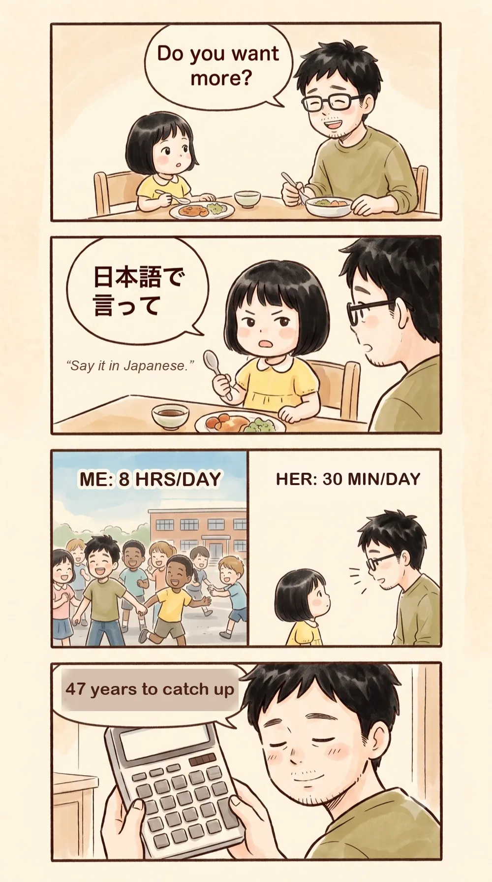 4-panel comic. At dinner the father asks in English, “Do you want more?” His three-year-old answers in Japanese — 日本語で言って, say it in Japanese. A side-by-side panel compares his own childhood, eight hours a day of English in a US schoolyard, with hers, thirty minutes a day. He looks at a calculator: 47 years to catch up.